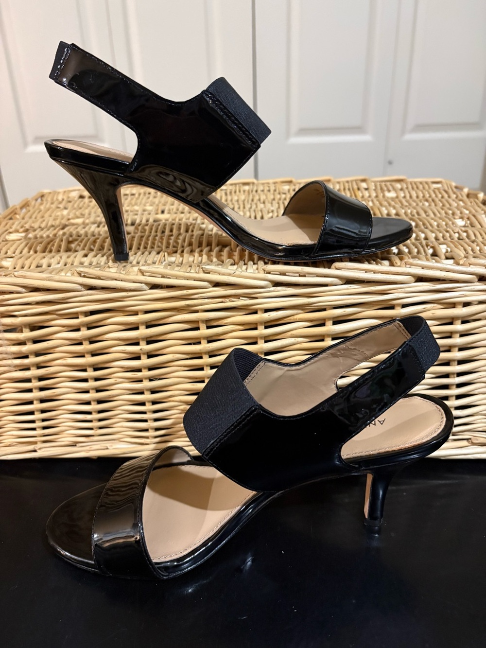 Antonio Melani Black Patent Slingback Heels with Elastic Strap - Women Shoes